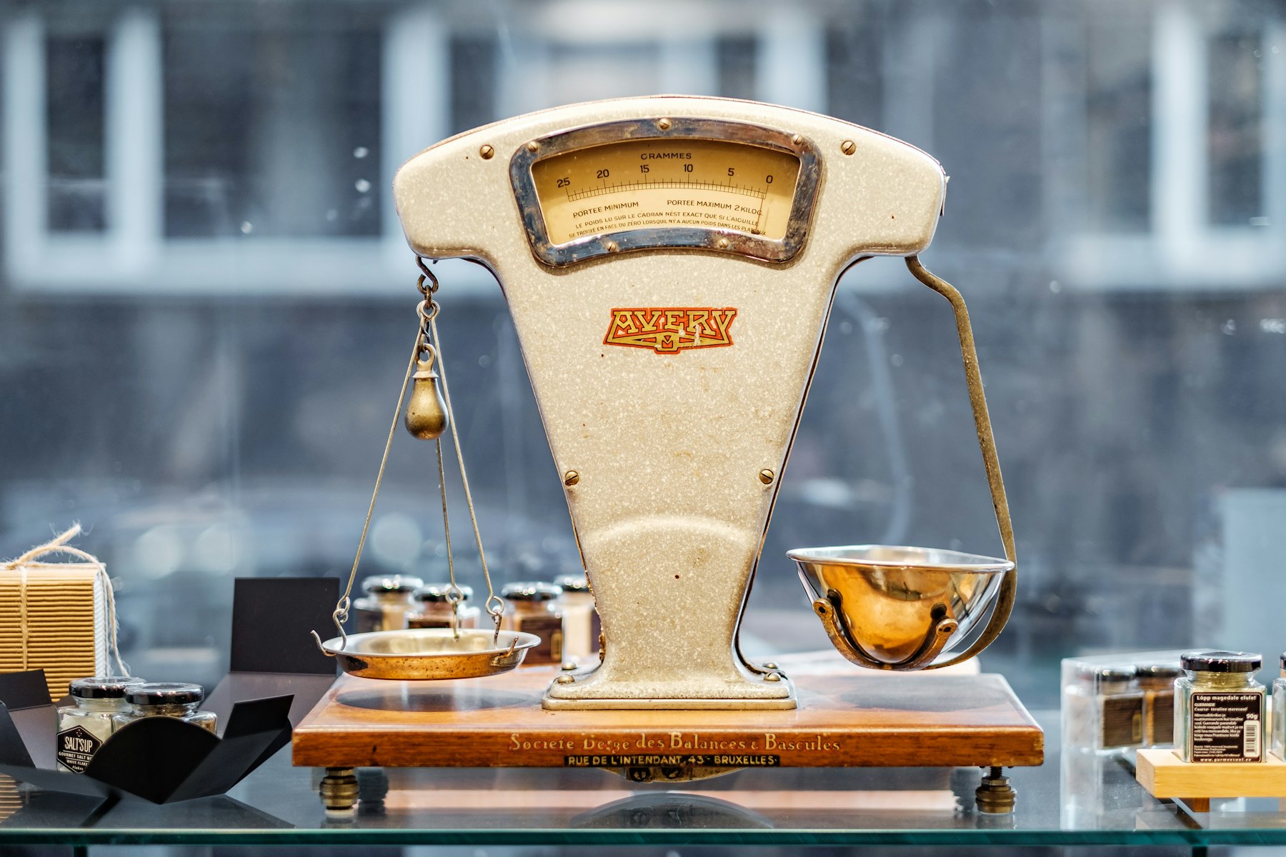 A brass balance scale